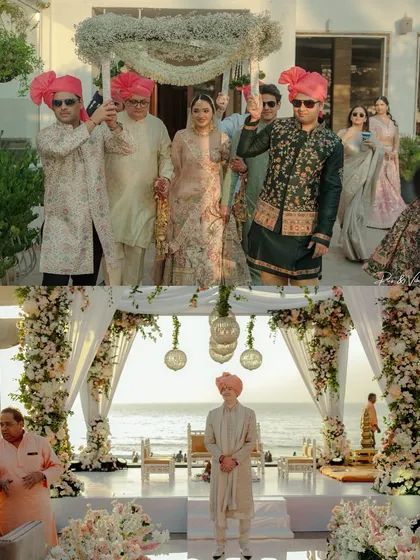 A collage capturing the essence of a Juhu beach wedding. The top shows the bride's grand entrance, and the bottom shows the groom waiting at the beautifully decorated seaside mandap.