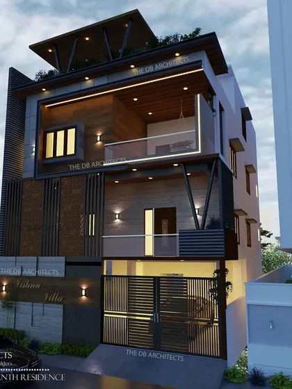 This perspective of the "Vishnu Villa" render highlights the depth of the balconies and the interplay of light and shadow.