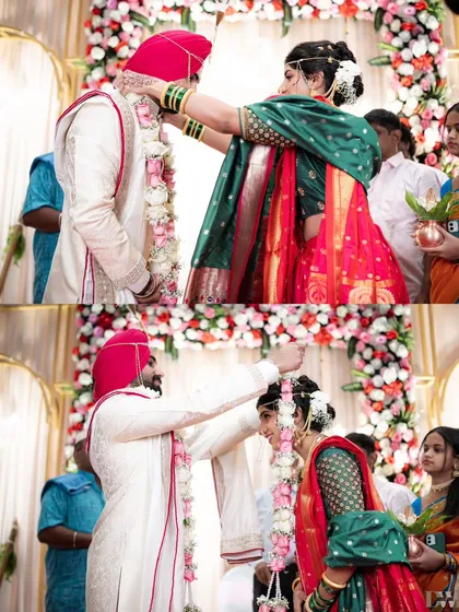 The Varmala ceremony. This collage captures the playful and joyous moment when the bride and groom exchange garlands.