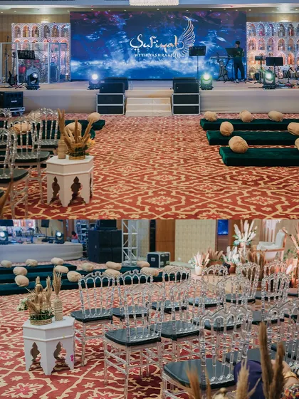 The seating arrangement for a Sufi night, with a mix of traditional floor seating and elegant transparent chairs. The stage is set for a captivating musical performance, with a large LED screen for visuals.