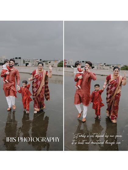 A fun family photoshoot in the rain. The family of four, dressed in matching red outfits, is walking and waving, capturing a unique and memorable moment together.