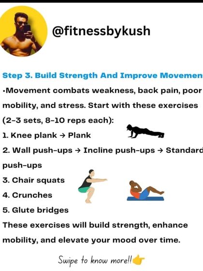 Movement combats weakness, back pain, and stress. Start with these simple exercises: planks, push-ups (from the knee or wall), chair squats, crunches, and glute bridges. They will build strength and enhance your mood.