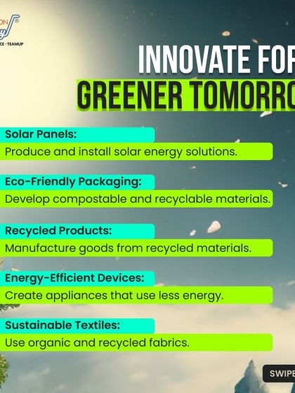 This graphic, created for World Environment Day, lists five ways to innovate for a greener tomorrow. It includes solar panels, eco-friendly packaging, and sustainable textiles, positioning us as champions of green business ideas.