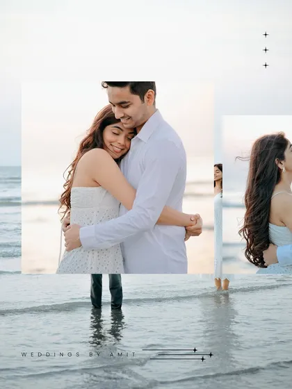 A collage focusing on the tender embraces and quiet moments shared between a couple during their pre-wedding shoot by the sea.