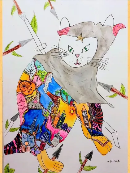 A warrior cat, complete with a hood and arrows, its body a map of different worlds. This piece shows incredible imagination and detail.