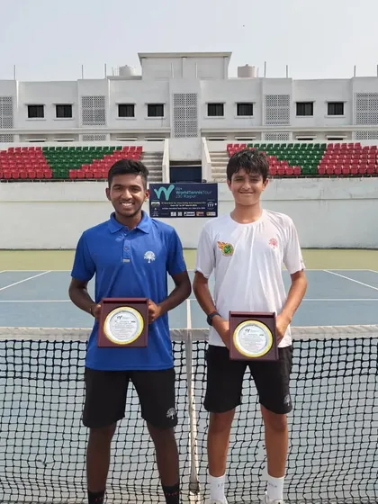 A great shot of our two trainees, Pradyumna and Om, after their hard-fought doubles final at the ITF J30 in Raipur. This experience is invaluable for their development.