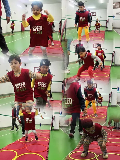 Broad jumps are a fantastic exercise for building lower body power. This collage shows our young athletes practicing their jumping technique.