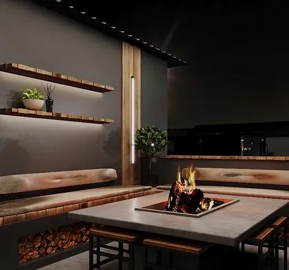 This intimate terrace sunroom features a cozy fire pit table and built-in wooden bench seating. We used backlighting on the shelves and vertical light bars to create a warm, modern, and inviting space for all seasons.