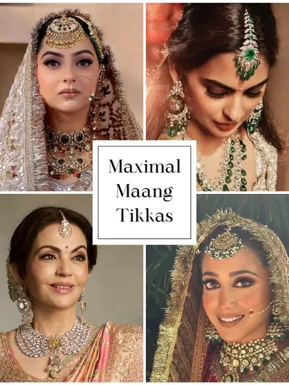 Jewellery Trend Alert: Maximal Maang Tikkas. Go big or go home. An oversized or intricately designed maang tikka can be a powerful statement piece for your wedding day.