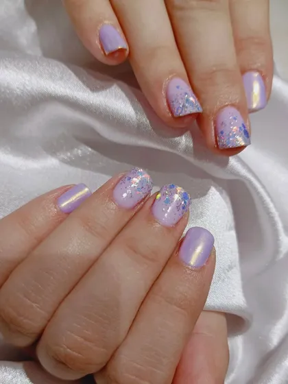 A close-up showing the shimmer on this lavender set.