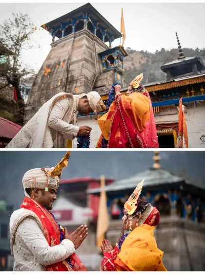 The couple performing rituals at the sacred Triyuginarayan temple, a moment of deep spiritual significance.