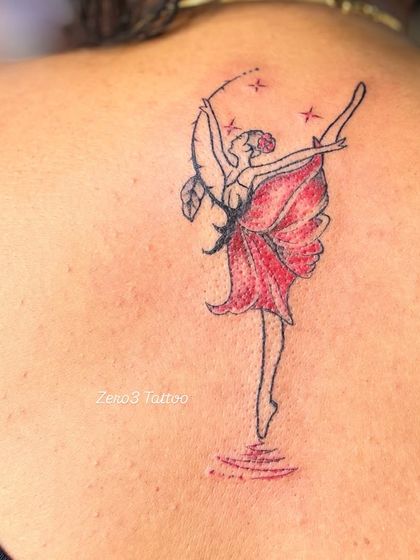 A free-spirited dancer with butterfly wings and a dress made from a red flower. A beautiful and imaginative fine-line piece.