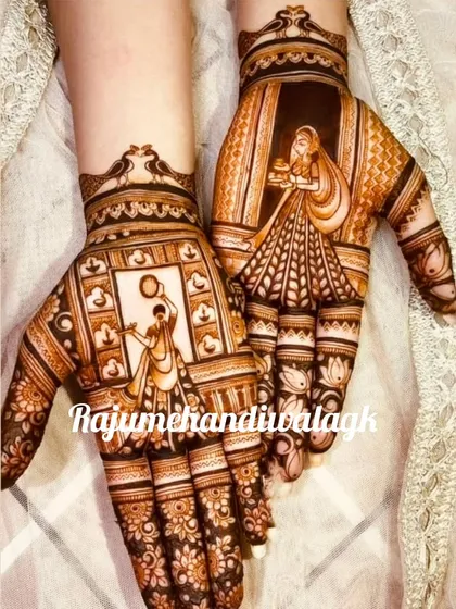 A classic Karwa Chauth design that is always in demand. On one hand, the wife is looking at the moon through a channi, and on the other, she is with her husband. This design captures the heart of the festival.