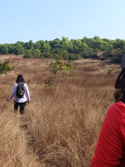 Hiking through the dry grasslands on a hillock between beaches, with the sea in the distance.