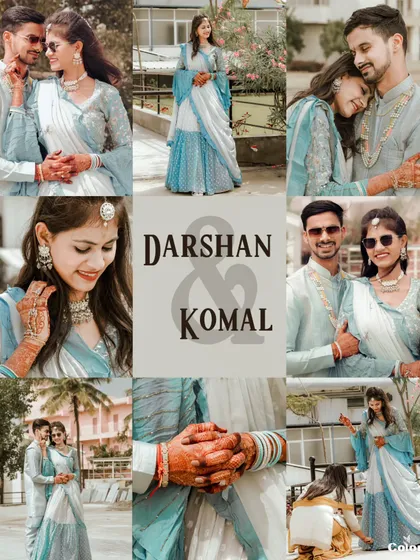 A mood board-style collage from a Haldi ceremony, showcasing various couple portraits and candid moments in a beautiful pastel color palette.