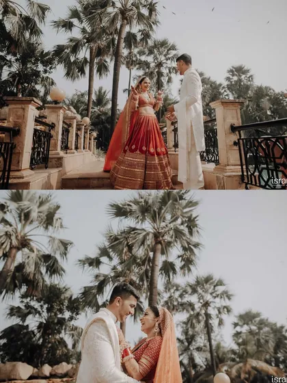 A collage of a beautiful couple at their wedding at Taj Lands End, Mumbai. The palm trees and beautiful architecture provide a tropical, luxurious feel.