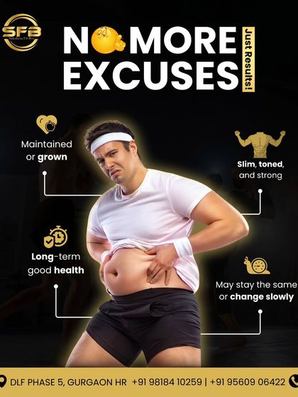 Excuses don't deliver results, but consistent effort does. This graphic illustrates the choice between stagnation and achieving a slim, toned, and strong body with long term good health through our programs.