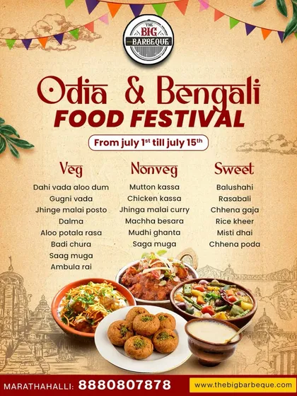 We bring the authentic flavors of East India to your plate. This menu poster for our Odia and Bengali Food Festival details the distinct vegetarian, non-vegetarian, and sweet dishes available, from Mutton Kassa and Machha Besara to Mishti Doi.