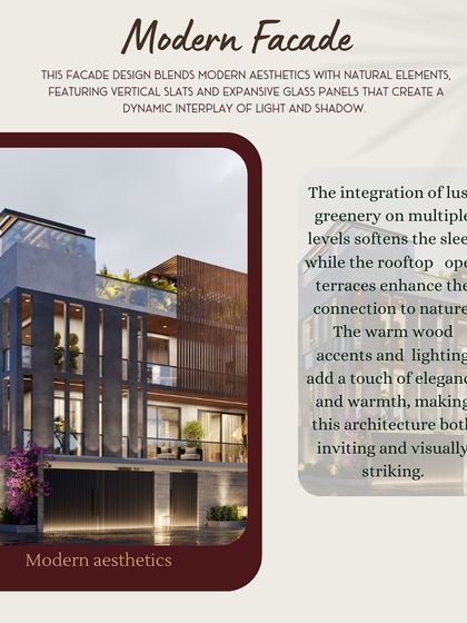 This graphic details a modern facade that blends aesthetics with natural elements. It shows how we use vertical slats, expansive glass, and integrated greenery to create a dynamic play of light, shadow, and nature.
