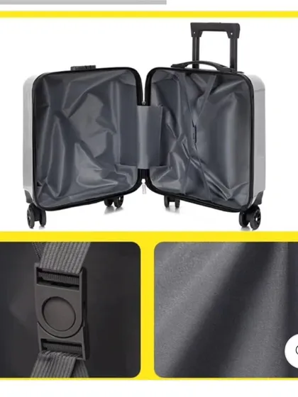 The interior of my kids' trolley bags is designed for easy packing. It features a zippered compartment and securing straps to keep clothes and toys neatly in place.