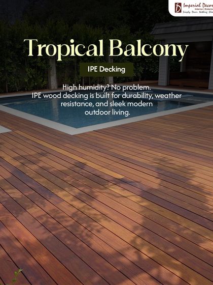 Imagine this being your backyard. This is a poolside area we transformed with IPE wood decking. It’s a luxury material known for its incredible durability and resistance to humidity, making it perfect for a sleek, modern outdoor living space that stays beautiful for years.