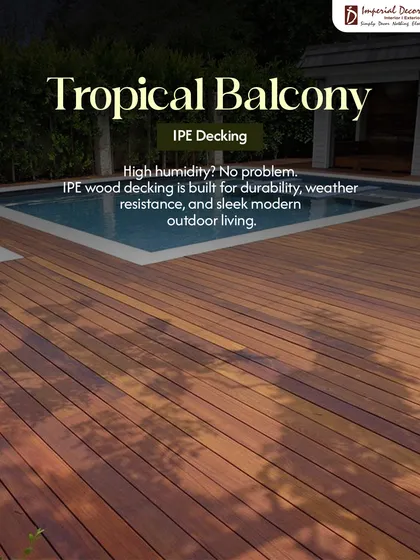 Imagine this being your backyard. This is a poolside area we transformed with IPE wood decking. It’s a luxury material known for its incredible durability and resistance to humidity, making it perfect for a sleek, modern outdoor living space that stays beautiful for years.