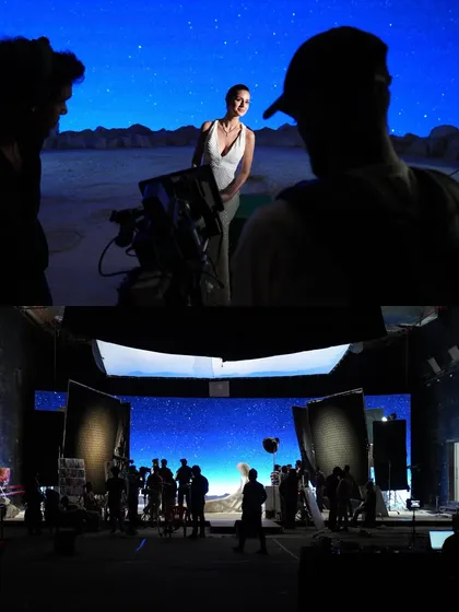 A behind-the-scenes view from the Caratlane jewelry commercial. The top frame shows the camera operator's perspective, while the bottom shows the full studio setup with the actress against the starry night LED screen.