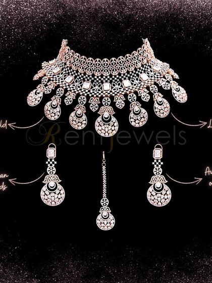 An intricately detailed Signity diamonds choker in a rose gold finish. This is a royal and timeless piece, perfect for the bride who wants a luxe, contemporary look.