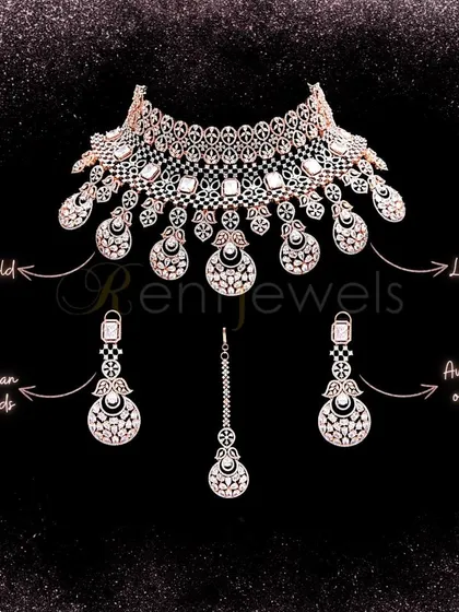 An intricately detailed Signity diamonds choker in a rose gold finish. This is a royal and timeless piece, perfect for the bride who wants a luxe, contemporary look.