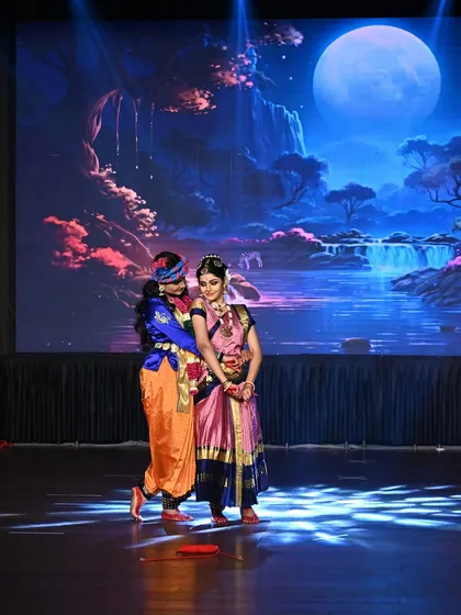 A tender moment between Krishna and Gopika, showcasing the abhinaya and character portrayal we teach our students.