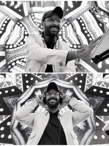 A cool, black and white kaleidoscopic shot from behind the decks.