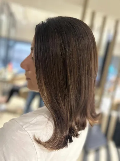 The same warm caramel balayage blend, styled straight. This shows the sleekness of the cut and the subtlety of the color.
