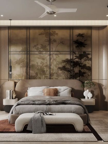 Day and night views of a bedroom with a nature-inspired, hand-painted feature wall. These renders demonstrate how the mood of the room changes, with the evening view highlighting the warm, layered lighting.