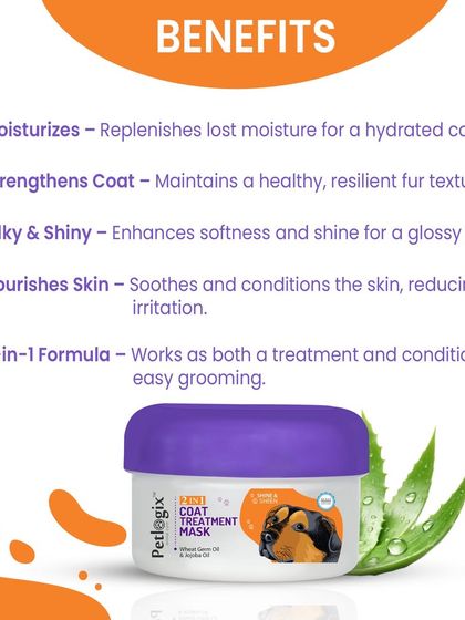 This graphic details the benefits of my 2-in-1 Coat Treatment Mask. It's formulated to moisturize, strengthen, and nourish both skin and fur, leaving the coat silky, shiny, and easy to manage.