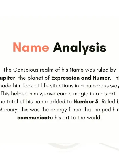 The final piece of the puzzle is the name analysis. RK Laxman's name was ruled by Jupiter and Mercury, the planets of expression and communication. This combination gave him the unique ability to communicate his artistic vision with humor and clarity.