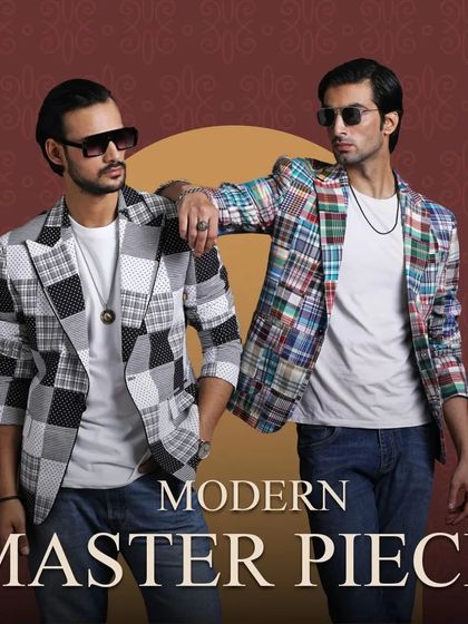 A modern masterpiece. These two patchwork blazers, one in monochrome and one in multicolor, are crafted from different fabric fragments for a unique, adventurous style.