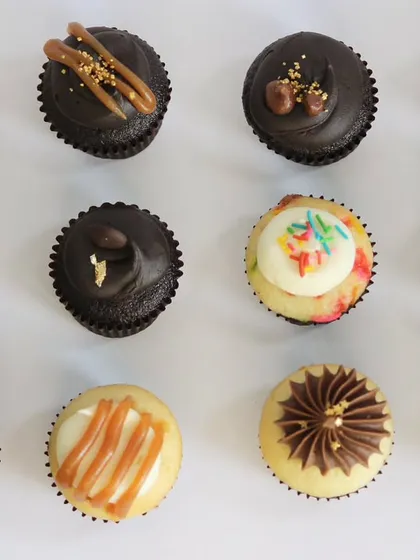 A top-down view of my TBC Minis, showcasing the variety of flavours and designs available in a single assorted box. From Kesar Badam Pista to Nutty Chocolatey, each bite-sized cupcake is a unique experience.