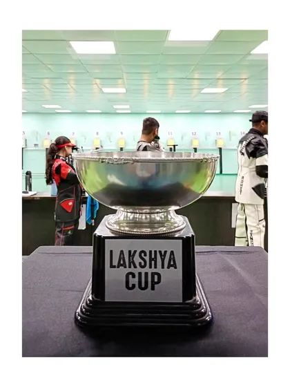 The gleaming Lakshya Cup trophy, waiting for its next champion.
