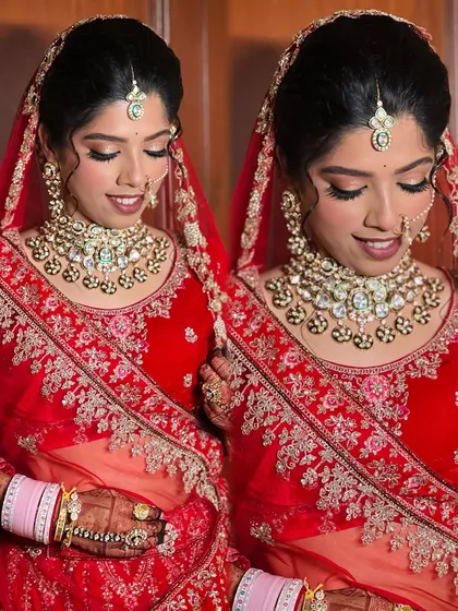A dual-panel image showing both a smiling and a serene pose, highlighting the versatility of the makeup.