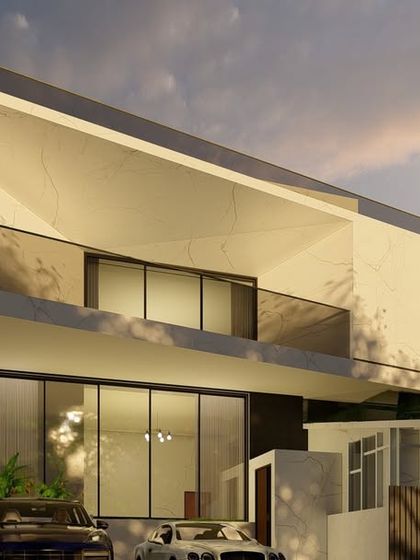 This upcoming project, "Audace," features a bold, monolithic form with a striking angled roof. The design emphasizes a clean, minimalist aesthetic while creating expansive, light-filled living spaces within.