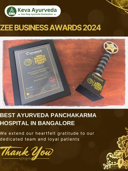 We are proud to be recognized for our commitment to authentic Ayurvedic care. This image displays our award for "Best Ayurveda Panchakarma Hospital in Bangalore" from the Zee Business Awards 2024, a testament to the quality and dedication of our team.