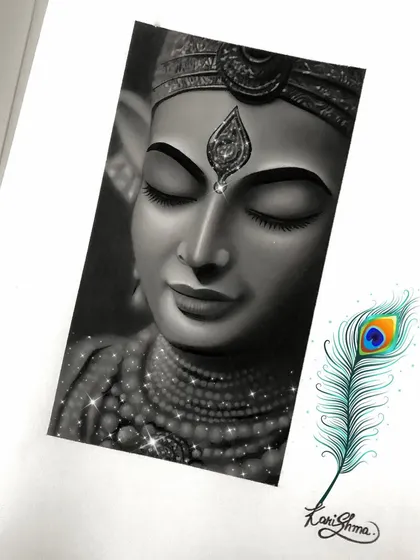 One of my favorite sketches of Krishna, created for Janmashtami. The glittery effects were added digitally to give it a celestial sparkle, but the soul of the piece is in the charcoal.