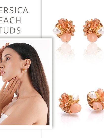 The Persica Peach Studs are a stunning everyday accessory, handcrafted with peach stones, pearls, and a touch of gold chain.