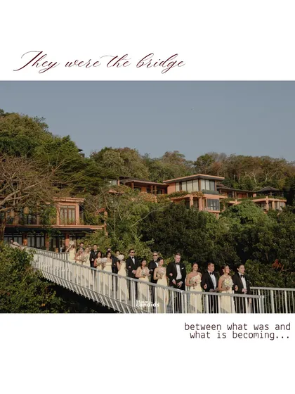 The wedding party makes their way across a bridge at the resort. This shot symbolizes the couple being the bridge between their pasts and their shared future.