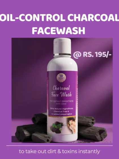 A clear product shot of my Oil-Control Charcoal Facewash, available for just ₹195. It's formulated to instantly take out dirt and toxins, making it perfect for oily and acne-prone skin.