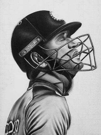 A step-by-step look at my tribute portrait of MS Dhoni. These images show the meticulous work of drawing the helmet, face, and jersey details over 90 hours.