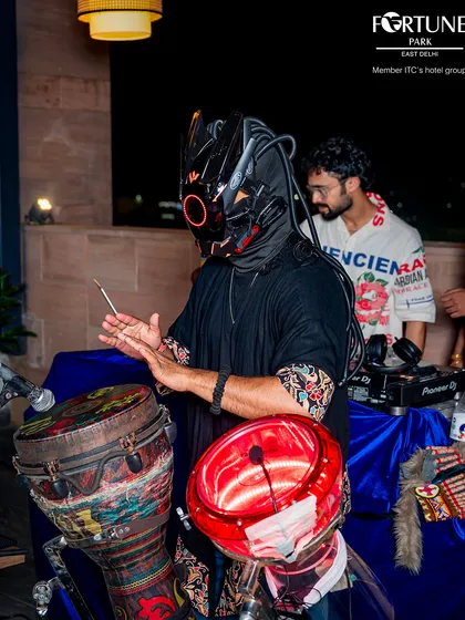Live music is a key part of the Nakshatra experience. Here, a percussionist adds to the energetic atmosphere of our rooftop launch event.