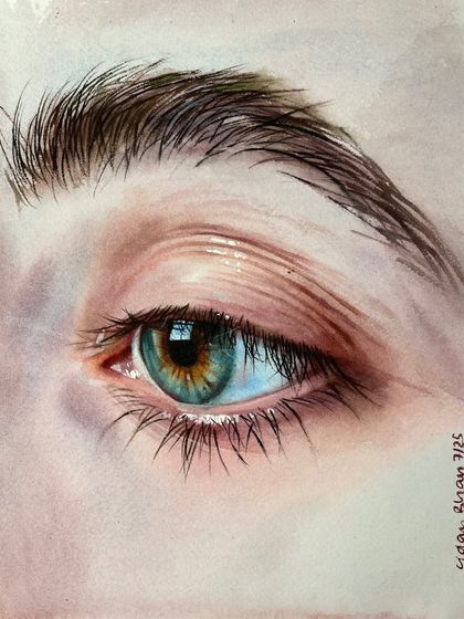 A different angle of the watercolor eye, showing the texture of the paper and the subtle color shifts in the skin tones.