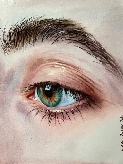 A close-up of the eye painting, highlighting the texture of the paper and the delicate brushstrokes.