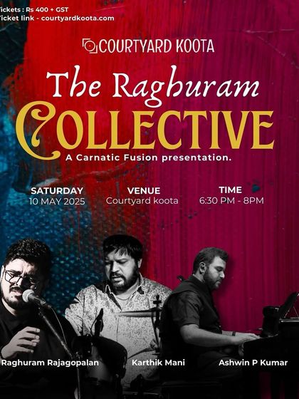 The poster for The Raghuram Collective's Carnatic Fusion presentation. We are a hub for artists who are pushing the boundaries of traditional music and creating new, exciting sounds.